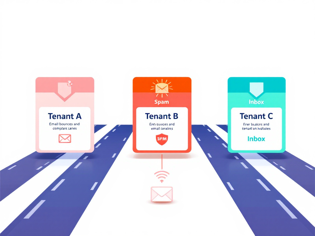 Diagrama de AWS SES con tenants separados: un cliente problemático llega a spam mientras otros mantienen su entrega a inbox