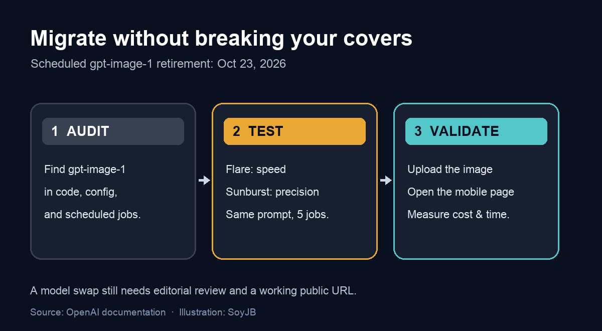 Three-step diagram: audit the old image model, test Flare and Sunburst, then validate the uploaded cover on the public mobile page